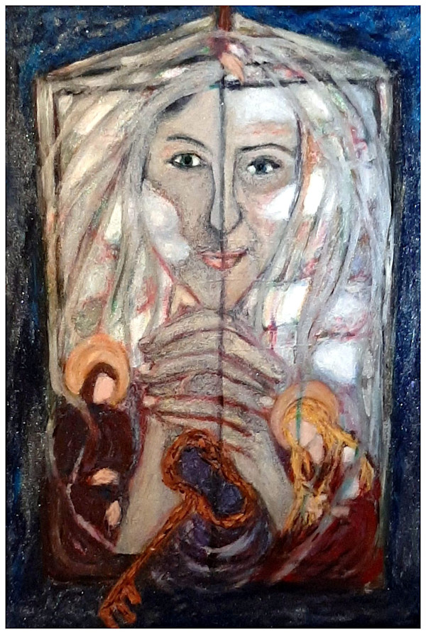 Riding the Elevator into the Sky (From "Our Book of Common Faith", series) mixed media, $450.  Buyer pays shipping.  Prints available, contact artist. by Stephen Mead