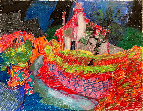 1989 "Road Into Sisteron" Abstract Landscape Drawing Acclaimed Illustrator Bill Shields by Bill Shields