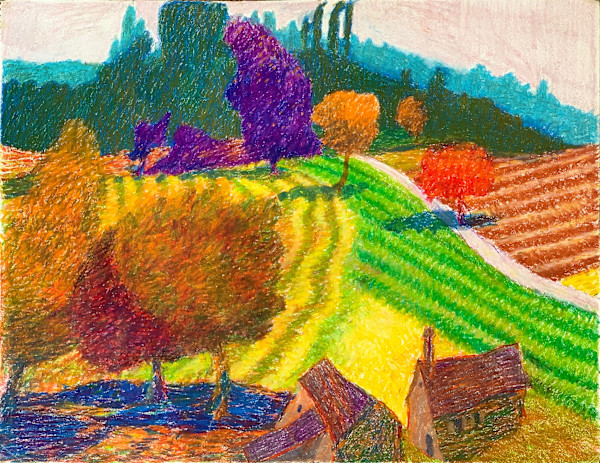 1989 "France" Landscape Drawing Acclaimed Illustrator Bill Shields by Bill Shields