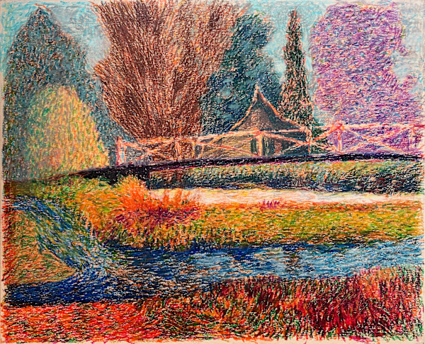 1985 "Bridge" Impressionist Landscape Drawing Acclaimed Illustrator Bill Shields by Bill Shields