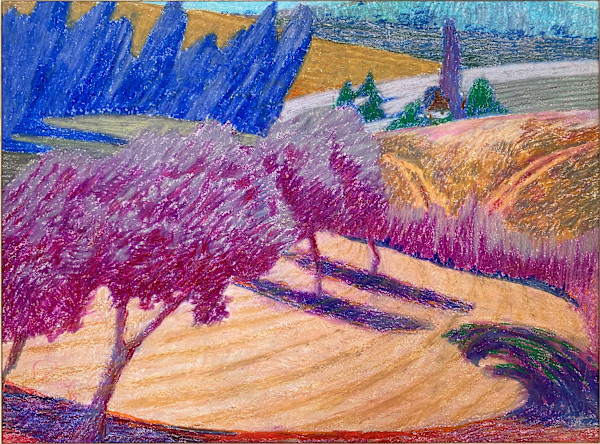 1988 "Pink Trees" Pastel Landscape Drawing Acclaimed Illustrator Bill Shields by Bill Shields