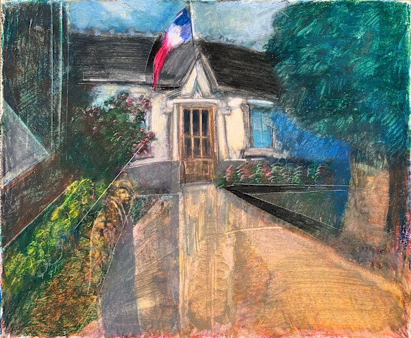1990 "House and Flag" Landscape Drawing Acclaimed Illustrator Bill Shields by Bill Shields