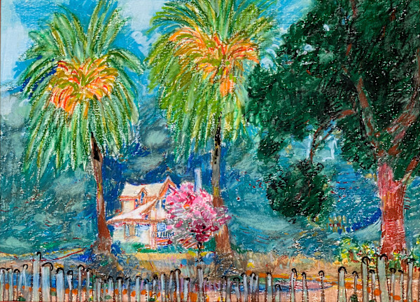 1988 "Two Palms" Landscape Pastel Drawing Acclaimed Illustrator Bill Shields by Bill Shields