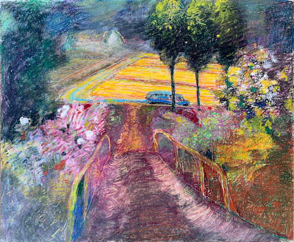 1987 "School Bus" Abstract Landscape Drawing Acclaimed Illustrator Bill Shields by Bill Shields