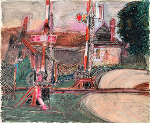1987 "Rail Road Crossing" Landscape Drawing Acclaimed Illustrator Bill Shields by Bill Shields
