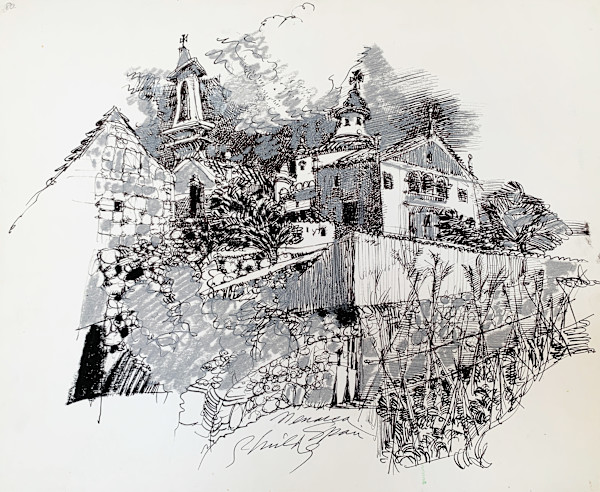 1990 "Menorca, Spain" Abstract Landscape Drawing Acclaimed Illustrator Bill Shields by Bill Shields