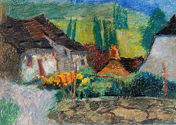 1987 "Country" Impressionist Landscape Drawing Acclaimed Illustrator Bill Shields by Bill Shields