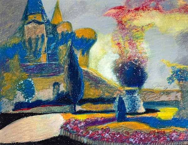 1987 "Chateau Loches" Impressionist Landscape Drawing Acclaimed Illustrator Bill Shields by Bill Shields