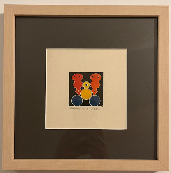 1960s "Hierophany" Red, Blue, Yellow Collagraph by Myril Adler