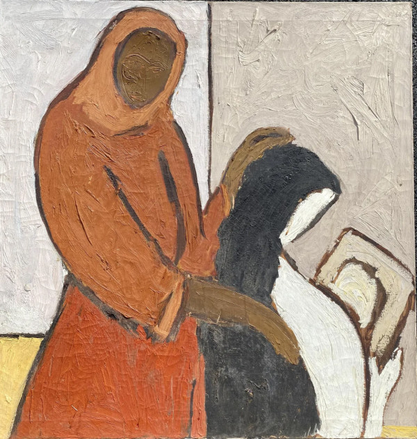 "Sisters" Mid Century Modernist Figurative Oil Painting by Unidentifiable Signature