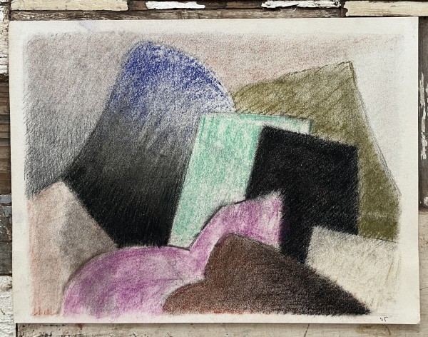 1980's Cubist Pink, Blue, Mint, Black Soft Pastel Abstract Drawing by D Tongen