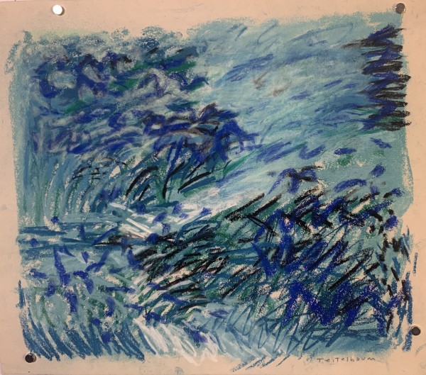 "Pastel Landscape in Blues" Mid Century Impressionist Landscape Drawing by Edith  Isaac-Rose
