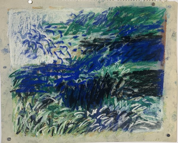 "Pastel Landscape in Blues 2" Original Impressionist Landscape Drawing by Edith  Isaac-Rose