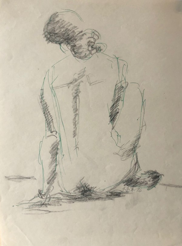 1976 Pencil and Green Ink Female Nude Drawing "Head Tilted" by Frank J Bette