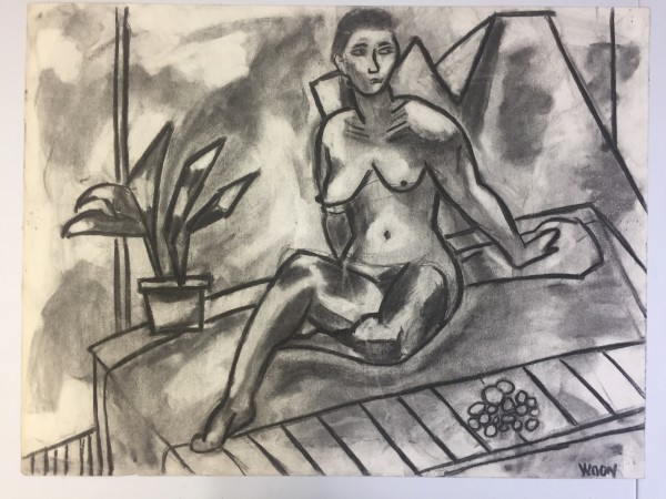 1950's Charcoal Female Nude Henry Woon With Plant by Henry Woon
