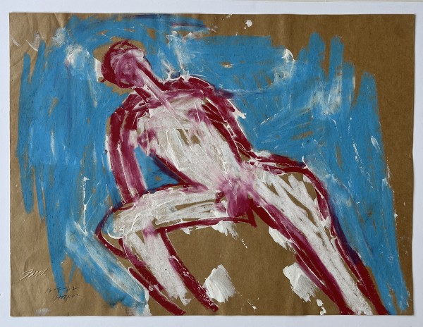 "Nude Outlined in Red on Turquoise" 1962 Paint & Pastel Nude Jack Hooper by Jack Hooper