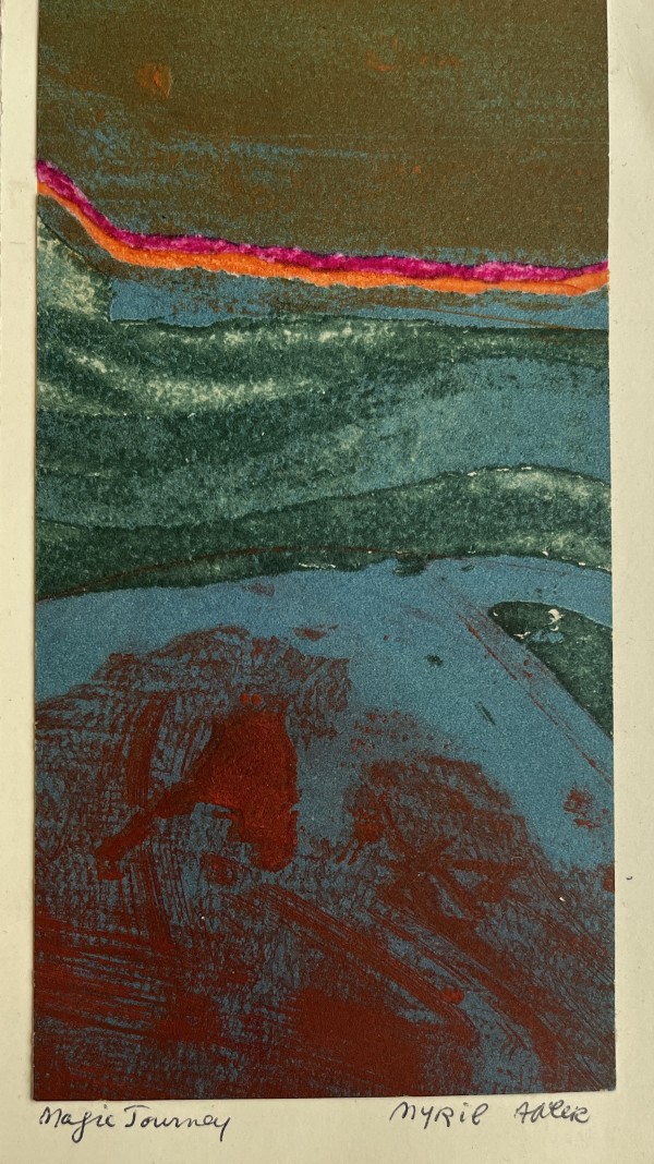 1960s "Magic Journey" Teal, Pink, Yellow Collage Intaglio Etching NY Artist Myril Adler by Myril Adler