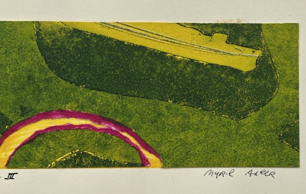 1960s "Sunscape III" Green, Pink, Yellow Collage Intaglio Etching NY Artist Myril Adler by Myril Adler