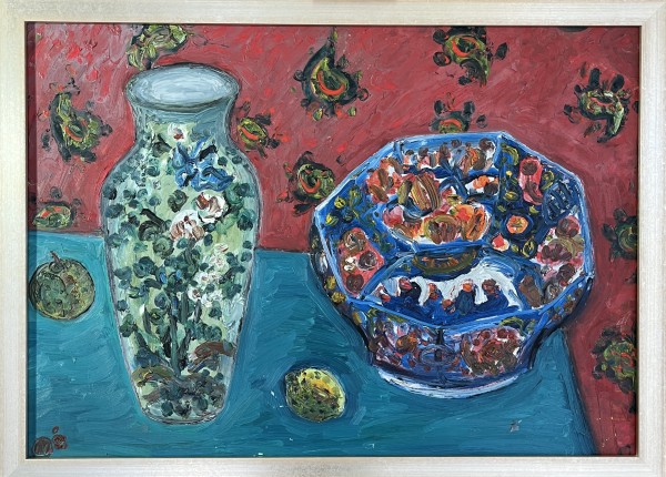 1980s Impasto Still Life with Bowl & Vase Painting Nobu Nakamura by Nobu Nakamura