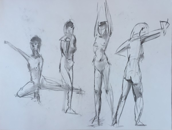 4 Female Nudes Charcoal Drawing 12 by Unsigned