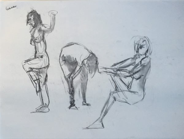 3 Female Nudes Charcoal Drawing 8 by Unsigned