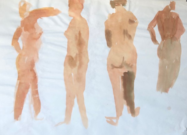 1970s 4 Nudes Watercolor Painting Arm Reaching by Thelma Corbin Moody
