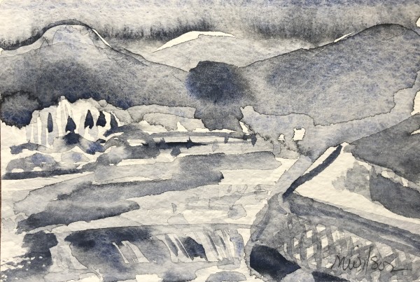 Kyoto Landscape: View of the waterfall and road from the bridge by Marianne Wilson