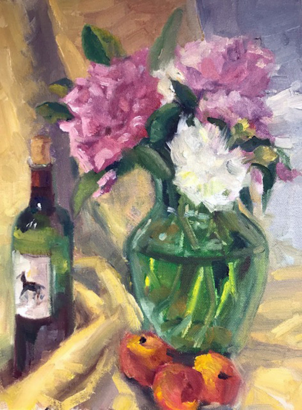Still Life with Wine Bottle, Apples and Flowers by Jinx Constine