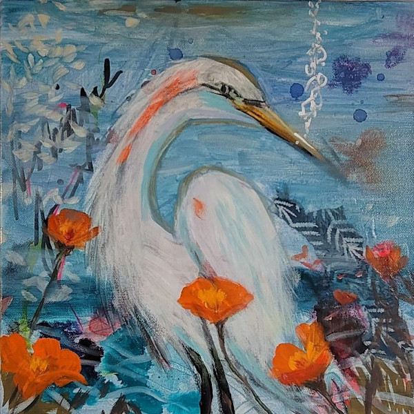 Egret and Poppies by Kim Denice Clark