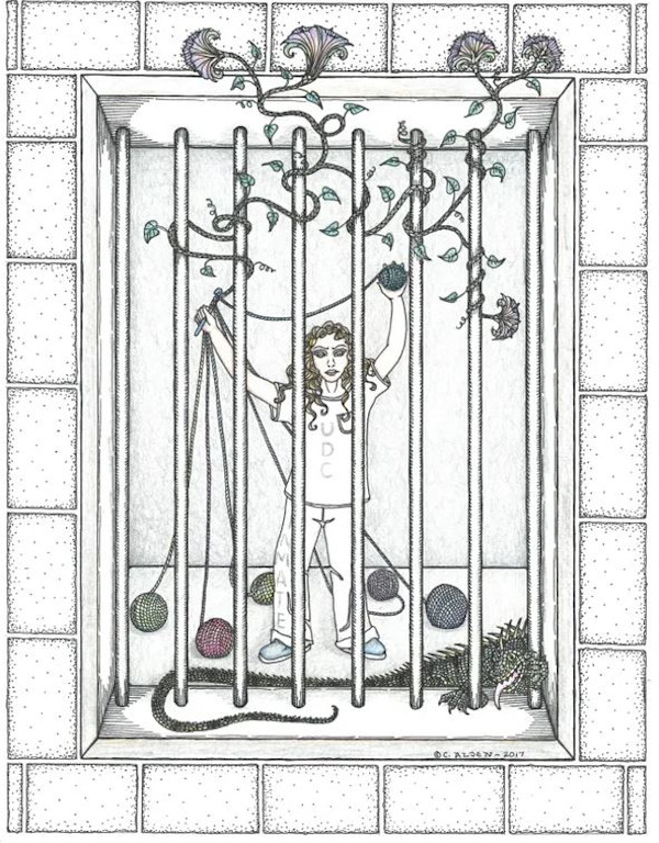 Woman Crocheting (Bars Triptych P2) by Carole Alden