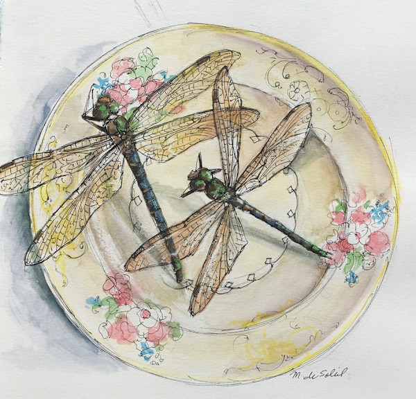 Two Dragonflies, Yellow Plate by Margarete de Soleil