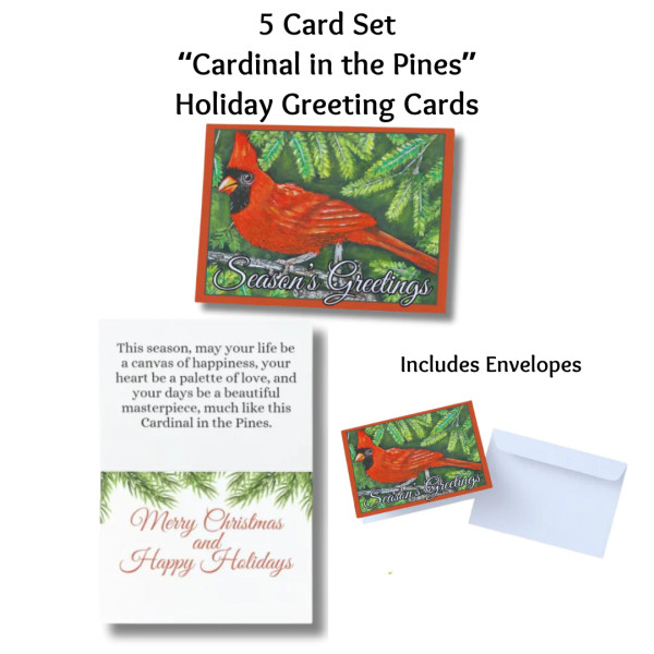 Cardinal in the Pines Holiday Greeting Cards - Set of 5 #2 by Donna Richardson