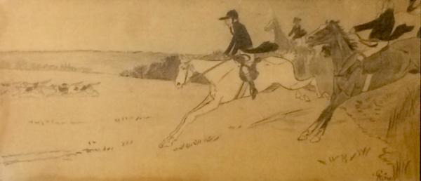 Pencil drawing of a hunting scene by Cecil Aldin