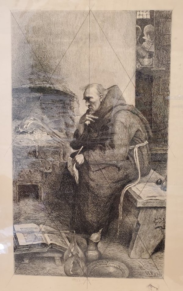 "Friar" Roger Bacon Seated on a Bench in Monks Robe by William Harry Warren Bicknell