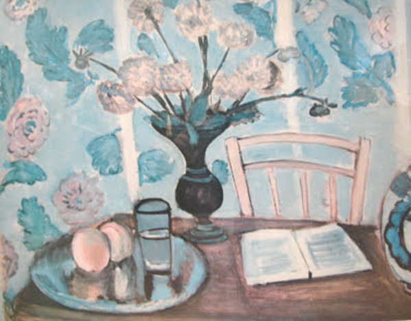 Printed image of painted flowers on table by Unknown
