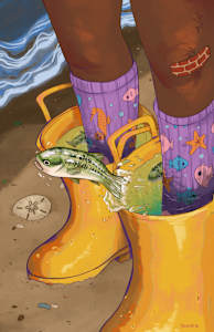 williams, digital illustration, 2024, waterlogged rainboots