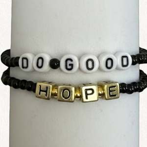 Custom Black Bead Word Bracelet, Personalized Stretch Jewelry, Gold or White Letters  - SET OF 2 med/lg