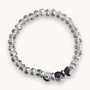 Grey Austrian Crystal Stretch Bracelet, Black Crackle Glass, Silver Rondelle Spacers