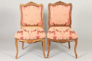 French Louis XV-style Carved Fruitwood and Upholstered Sidechairs, Set of 4, 19thC