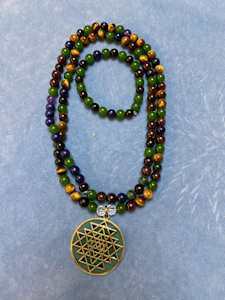Emerald, Tiger eye and crystal mala with Shree Yantra made by Artist