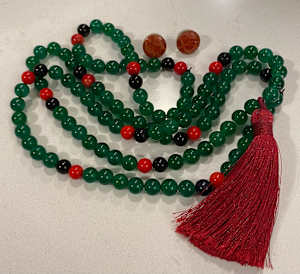 Dark Jade and Coral mala, bracele and earrings from Personal Collection, Handmade by artist