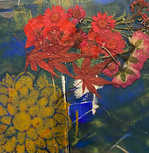 Mandala Golden near a fence of blue and green Original Acrylic image