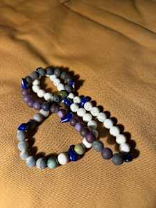 White Agate and iridescent beads, 64 10 mm mala bead necklace with dophins made by Artist