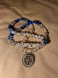 Czech glass, Citrin, Lapis Lazuli 80 10 mm beads mala necklace with Shree Yantra madallion