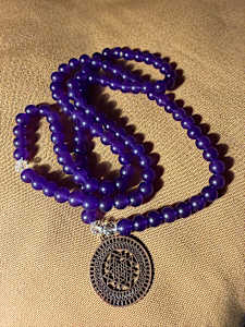 Amythest and crystal 108 8mm mala bead necklace with Shree Yantra medallion