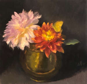 "Dahlias, Copper Pot & Butterfly"