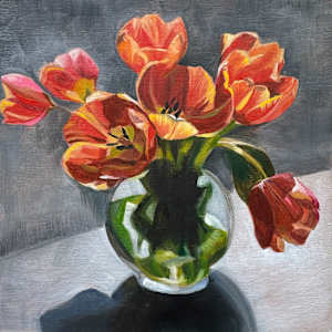 Fiery Tulips in Crystal Vase