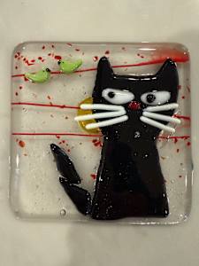 Peeky Black Cat 4” with 2 Green Birds