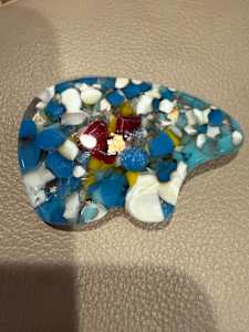 Turquoise, Vanilla, Red, and Marigold Frit Pocket Bear with Gold Flakes