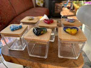 3” Square Glass Box #3 with 2” Pocket Heart on Bamboo Lid (Turquoise and Black)